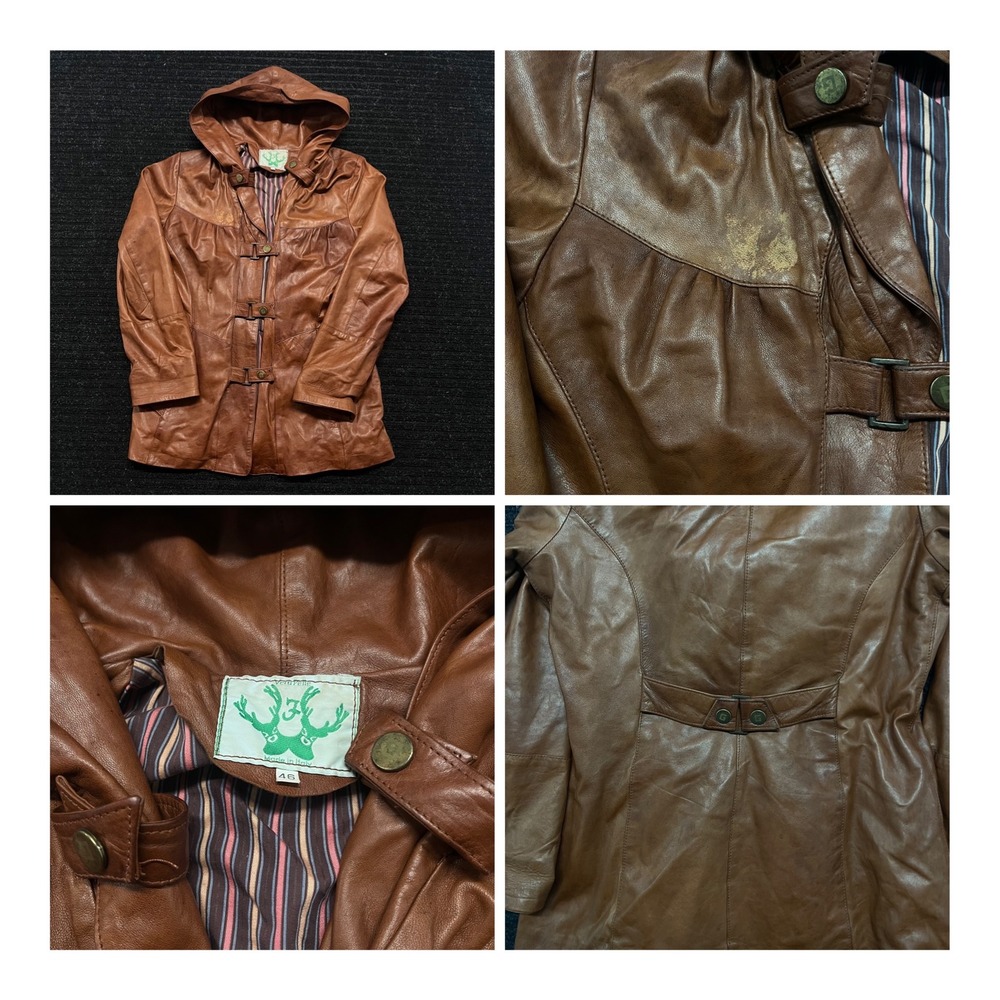 Vera Pelle Italy Brown Leather Hooded Jacket Toggle Closure Size 46 Cognac